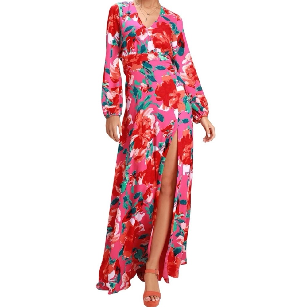 En Creme NEW Sophie Dress M Pink Red Floral Maxi Side Slit Long Sleeve Glam Chic